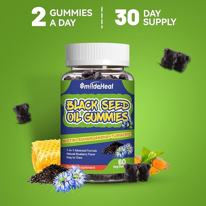 Black Seed Oil Gummies, Organic Black Cumin Seed Oil Gummies, Black Cumin Seed Oil Organic 500mg, Chewable Black Seed and Honey Gummies, Vegan, 60 Gummies
