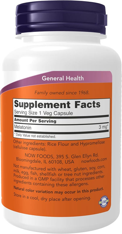 NOW Foods Supplements, Melatonin 3 mg, Free Radical Scavenger*, Healthy Sleep Cycle*, 180 Veg Capsules