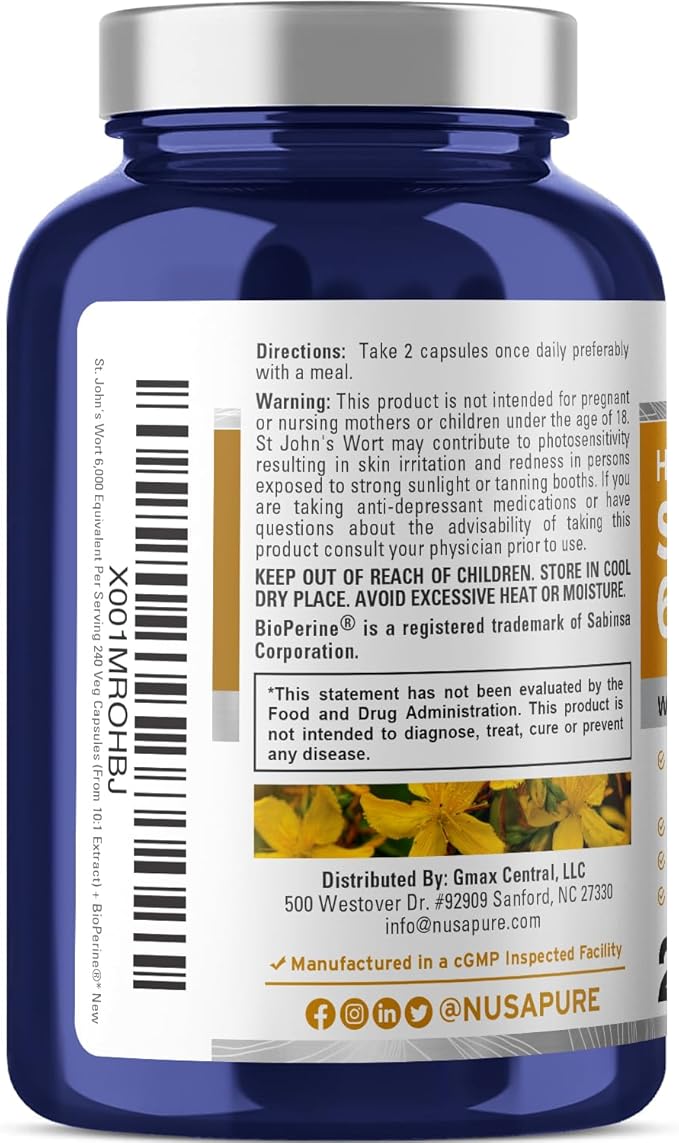 NusaPure St. John's Wort 6,000mg 240 Veggie Capsules (Vegetarian, Non-GMO) Bioperine