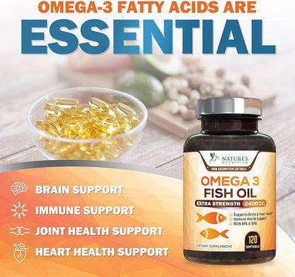 Triple Strength Omega 3 Fish Oil - 2400 mg Natural Omega-3 Supplements Support Brain, Heart & Joint Health with EPA & DHA Essential Fatty Acids - Lemon Flavor, Burpless, Wild Caught - 120 Softgels
