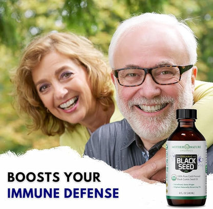 Mother Nature USDA Organic Black Seed Oil, High TQ 2%, Cold Pressed, Unrefined Nigella Sativa, Omega 3 6 9 for Immune, Joint & Heart Support, Hair & Skin, Non-GMO, Glass Bottle 8oz
