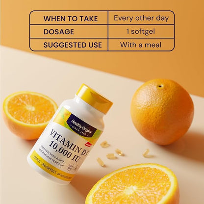 Healthy Origins Vitamin D3 (Lanolin) 10,000 IU Softgel - Bone Health and Immune Support Supplement - Easily Absorbable Vitamin D Supplements - Gluten-Free Vitamin D3 Supplement - 360 Softgels