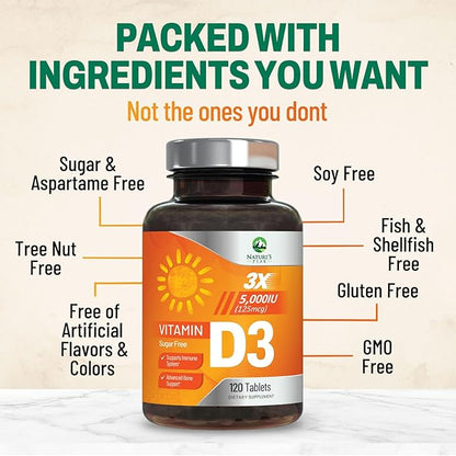 Vitamin D3 5000iu (125 mcg) Immune Health Support - High Potency Vitamin D Dietary Supplement for Bone, Teeth, Muscle - Nature's VIT D, Vegan, Gluten Free, Raspberry Flavor - 120 Chewable Tablets