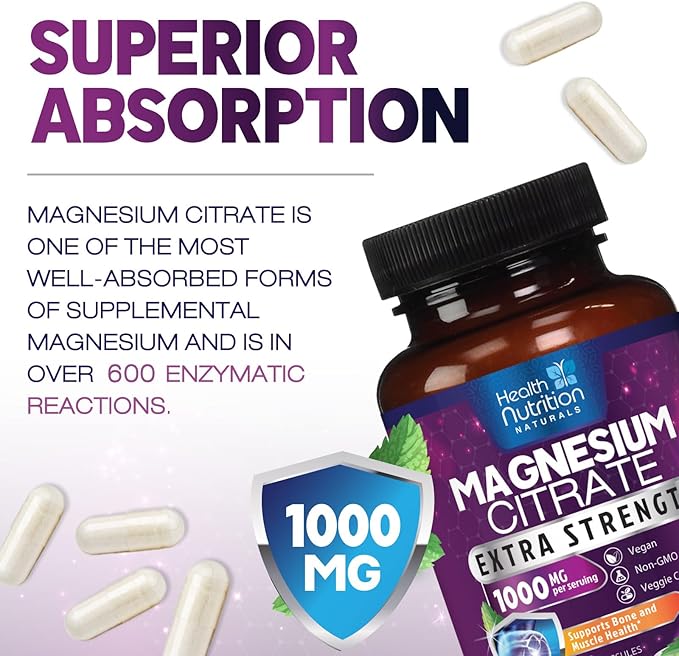 Magnesium Citrate Capsules 1000mg - Max Absorption Magnesium Powder for Muscle, Nerve, Bone and Heart Health Support, High Absorption Citrate Complex, Gluten Free, Non-GMO - 60 Capsules