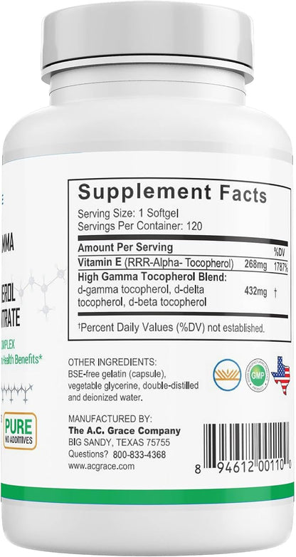 UNIQUE E A.C. Grace Company Mixed Tocopherols 120 Soft Gels, Supports Healthy Brain Function, General Health, and Aging Support, All-Natural Vitamin E and Kosher