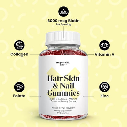 Hair Skin and Nails Vitamins, 6000 mcg Biotin Gummies w/Collagen, Passion Fruit Flavored Hair Vitamins, Gluten Free Collagen Supplements (60 Count)
