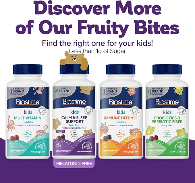 Biostime Kids Sleep Fruity Bites (Ages 4+) | Includes Probiotics| Calm magnesium gummies for kids | Melatonin Free calm gummies for Sleep aid | No added sugar | 60 Count