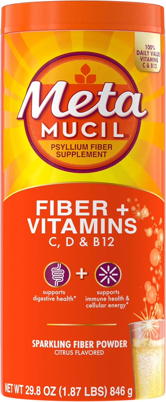 Metamucil Sparkling Fiber Supplement + Vitamins, Plant Based Psyllium Fiber Powder with Vitamins C, D & B12, Daily Supplement for Regularity + Metabolism, Citrus Flavored, Sugar-Free, 90 Servings
