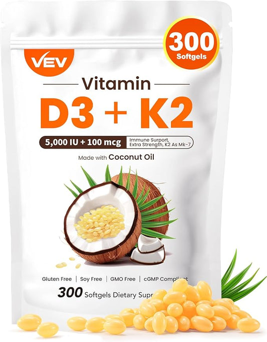 VEV Vitamin D3 K2, 5000 IU D3 100mcg K2 (MK 7), 300 Softgels, 2-in-1 Vitamin D & K Supplement with Coconut Oil, Supports Calcium Absorption and Bone Health, Easy to Swallow