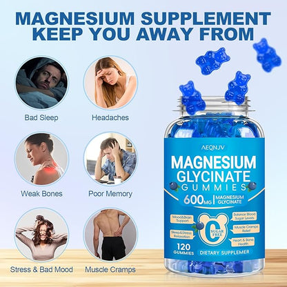 Magnesium Glycinate Gummies 600mg, Chewable Sugar Free Potassium Gummies with Magnesium Glycinate, Vitamin D, B6, and CoQ10 for Calm Support & Sleep for Adults, 60 Days Supply