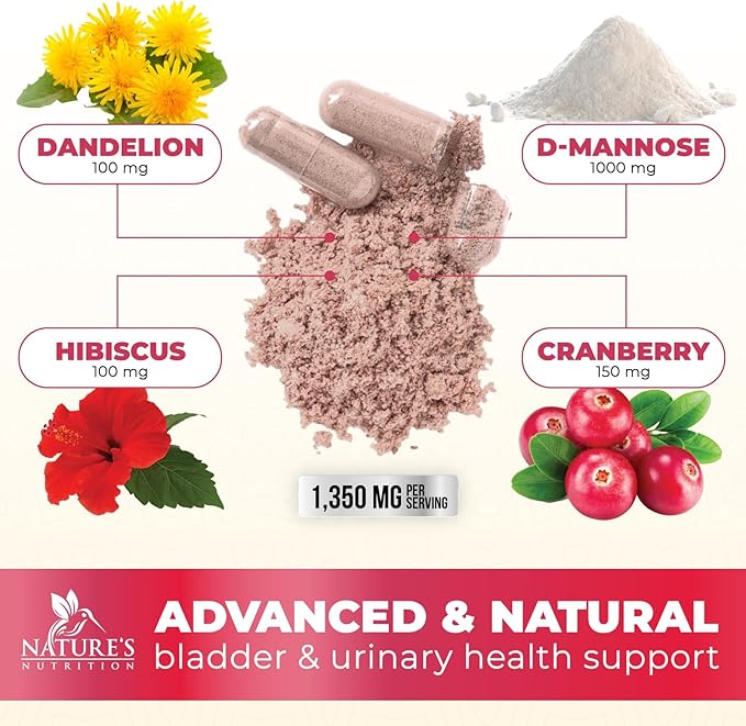 DMannose Pills with Cranberry 1350mg Advanced Formula - Effective Natural Bladder, Urinary Tract Health Support, Flush Impurities - D Mannose Supplements for Women & Men, Non-GMO, Vegan - 120 Capsules