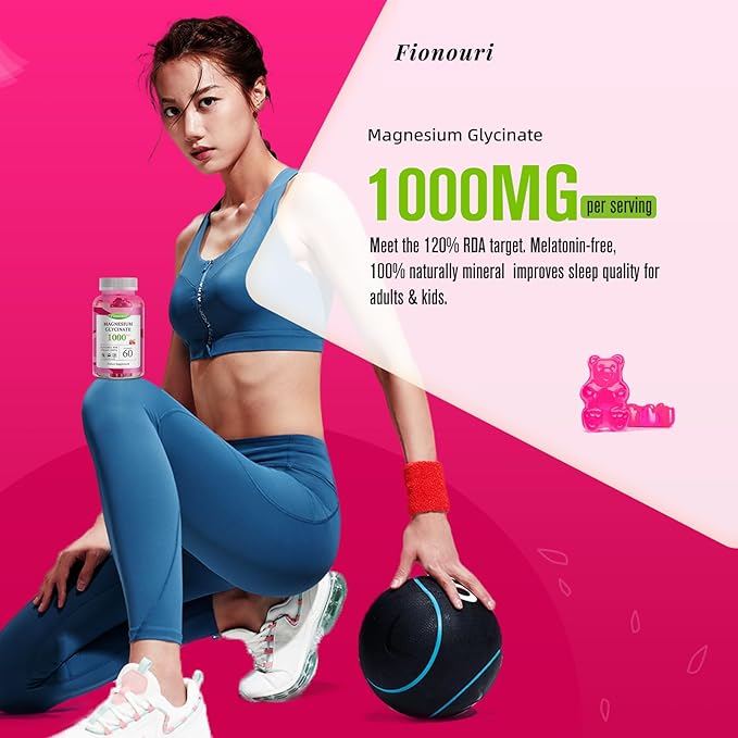 Magnesium Glycinate Gummies 1000mg - for Adults Magnesium Potassium Supplement with Vitamin D, B6, CoQ10 for Calm Mood & Sleep Support - 60 Raspberry Gummies -1 Pack