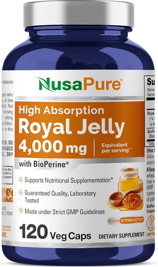 NusaPure Royal Jelly 10:1 Extract, 400 mg Equivalent to 4000mg - 120 Veggie Capsules (Non-GMO, Gluten Free, Bioperine)