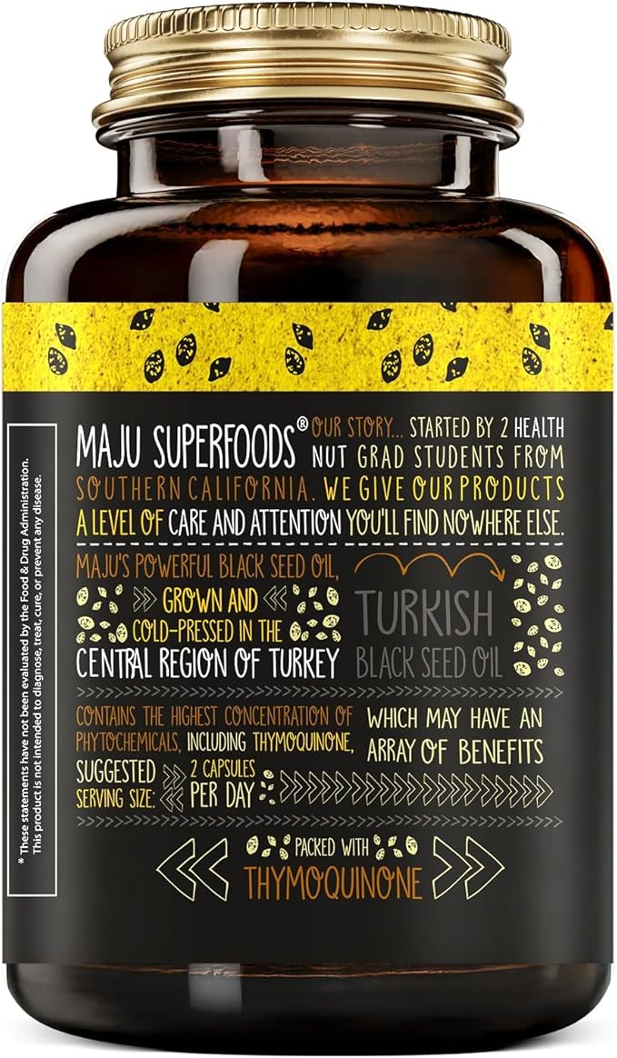 Maju Superfoods Black Seed Oil Capsules - Cold Pressed, 2% Thymoquinone, 100% Turkish Black Cumin Nigella Sativa Seed Oil, Liquid Pure Blackseed 60 Count, 500mg per Capsule