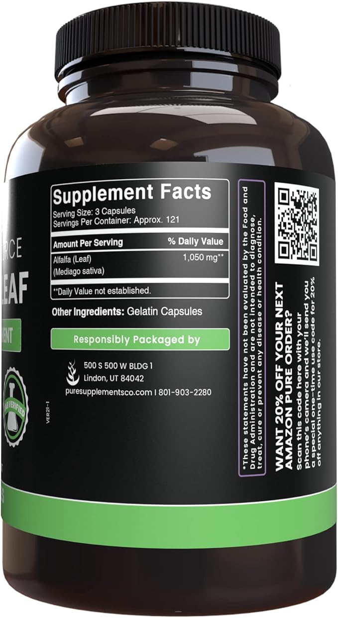 PURE ORIGINAL INGREDIENTS Alfalfa Leaf (365 Capsules) No Magnesium Or Rice Fillers, Always Pure, Lab Verified