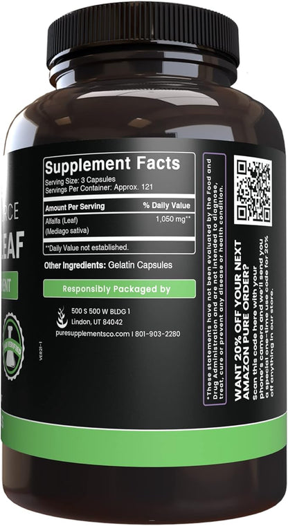 PURE ORIGINAL INGREDIENTS Alfalfa Leaf (365 Capsules) No Magnesium Or Rice Fillers, Always Pure, Lab Verified