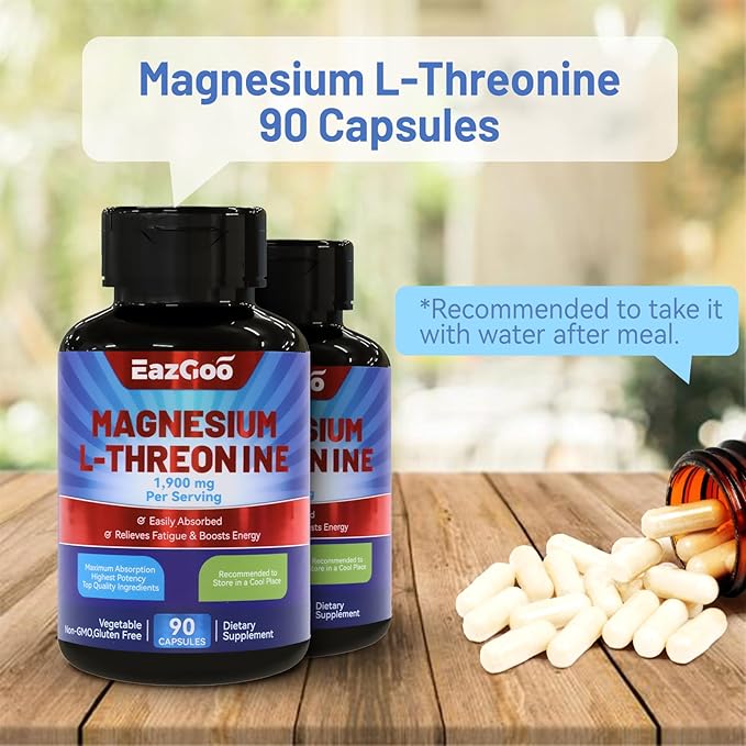 Magnesium L-Threonine 1900mg Supplement | High Absorption Mineral Magnesium Capsules for Bone & Muscle Support | 90 Counts Premium Bioavailable Formula