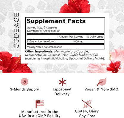 Codeage Liposomal L-Glutamine Capsule Supplement - 1,000 mg L-Glutamine per Serving - 3-Month Supply - Liposomal Delivery, Vegan Pills, Non-GMO, Gluten-Free Amino Acid - 180 Capsules