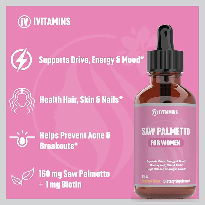 Saw Palmetto for Women | Helps to Reduce Hair Loss, Supports Healthy Hair, Skin, Nails, Energy, Mood & More | DHT Blocker for Women Hair Growth | Saw Palmetto for Women Hair Loss | 1 fl oz