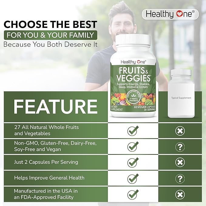 Fruits & Veggies - 27 Balanced Whole Foods of Nature - Vitamins - Minerals - Antioxidants - Detox - Vegetables - Kale - Broccoli - Spinach - Beets - Raspberries - Multivitamin - 60 Count