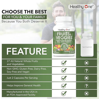 Fruits & Veggies - 27 Balanced Whole Foods of Nature - Vitamins - Minerals - Antioxidants - Detox - Vegetables - Kale - Broccoli - Spinach - Beets - Raspberries - Multivitamin - 60 Count