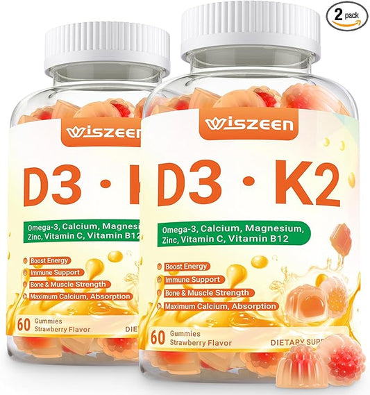 Vitamin D3 K2 Gummies, Vitamin D3 10000 IU & K2 (MK-7) 200 mcg - D3 K2 Supplement with Omega 3, Calcium, Magnesium for Bone Muscle Teeth Immune