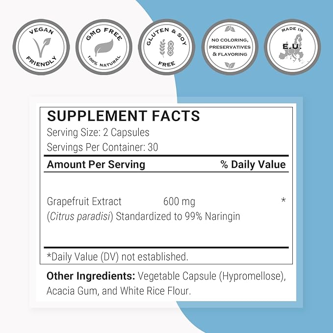 Supersmart - Grapefruit Extract 600mg per Day (99% Naringin) - High Potency GSE Supplement | Non-GMO & Gluten Free - 60 * 3 Vegetarian Capsules