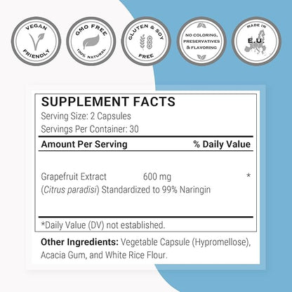 Supersmart - Grapefruit Extract 600mg per Day (99% Naringin) - High Potency GSE Supplement | Non-GMO & Gluten Free - 60 * 3 Vegetarian Capsules