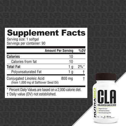 NutraBio CLA Conjugated Linoleic Acid Supplement, 800mg - 90 Softgels