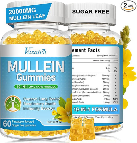 Mullein Gummies, Mullein Leaf Extract for Lungs Gummies with Bromelain, Quercetin, Magnesium - Lung Detox & Cleanse, Pineapple Flavor, 120Cts