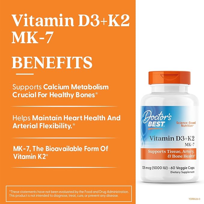 Doctor's Best Vitamin D3 + K2 (Vitamin K2 as MK-7), Supports Bone, Tissue, & Arterial Health, Calcium Absorption • Non-GMO • Gluten Free • Vegetarian, 5000 IU, 60 Veggie Caps