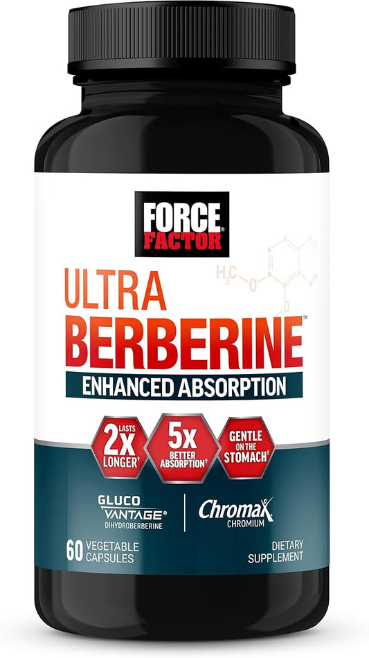 FORCE FACTOR Ultra Berberine Enhanced Absorption, Contains GlucoVantage Dihydroberberine & Chromium, 5X Better Absorption, Lasts 2X Longer, Easy on Digestion, No Preservatives, 60 Vegetable Capsules