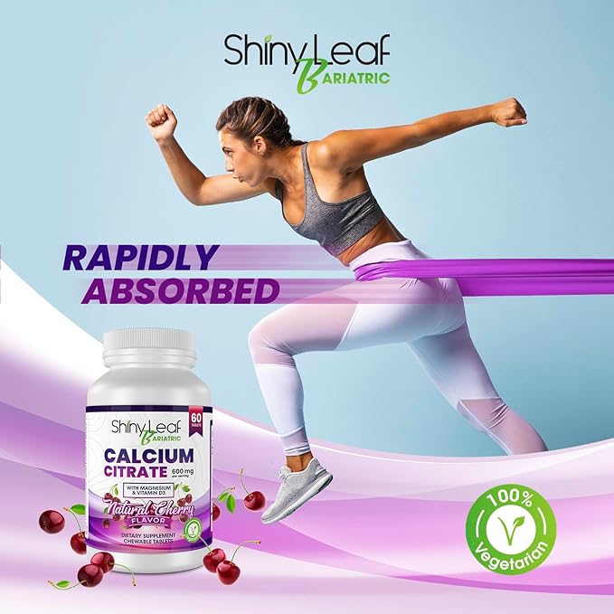 Shiny Leaf Bariatric Calcium Citrate Chews - 600mg, with Vitamin D 3 Plus Magnesium - Chewable Supplements for Women and Men, Bariatric Patients Vitamins for Bone and Joints Health, 120 Count, Cherry