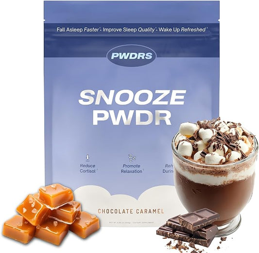 PWDRS Snooze Sleepy Time Hot Chocolate | All Natural Sleep Support | Magnesium Glycinate, L Theanine, Chamomile, Electrolytes | 20 Calories, Non GMO | Chocolate Caramel
