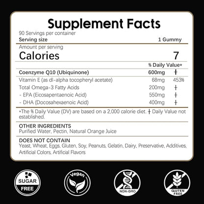 CoQ10 Gummies, Co Q 10 Supplement Sugar Free, Cq10 600mg with Omega 3 & Vitamin E, High Absorption Coenzyme Q10 Gummies for Heart Heathy, Energy & Antioxidant Support, Orange Flavor, 90 Count