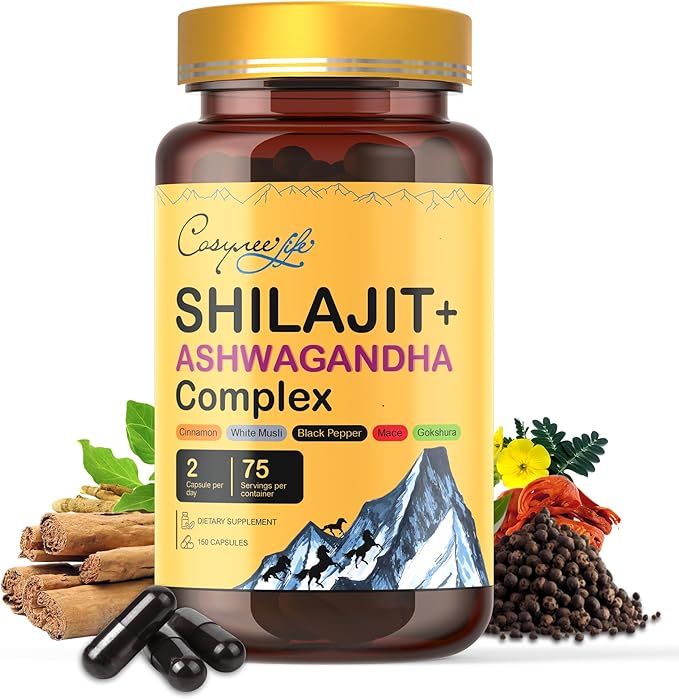 Himalayan Shilajit- Complex with Ashwagandha, Mace, Gokshura, Cinnamon & Piperine | Energy, Vitality & 85+ Trace Minerals, Shilajit for Men, Shilajit for Women, Regular Dose - 150 Capsules
