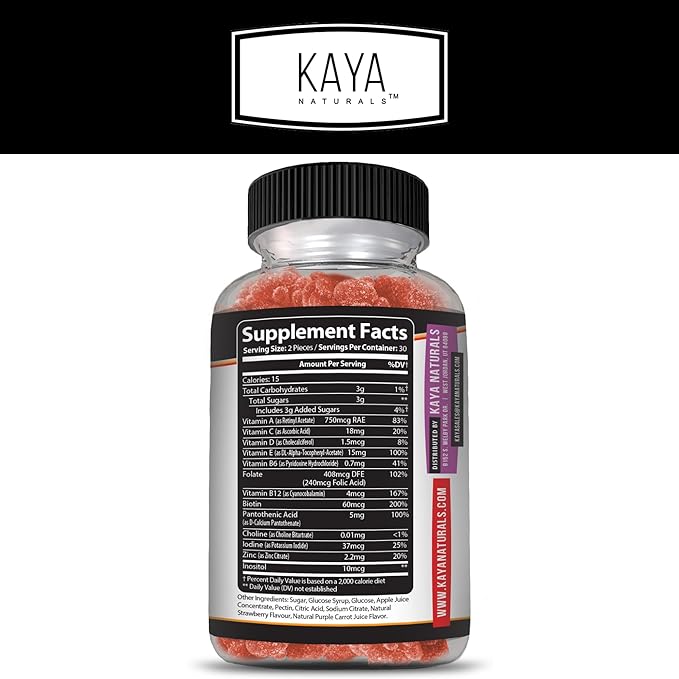 Kaya Naturals Adult Multi Vitamin Gummy, Biotin, Vitamin A, C & E, Including Zinc &Vitamin B-12, Folic Acid, Strawberry Flavor | Gluten-Free multivitamins Sweet Adult Gummies - 60 Gummies