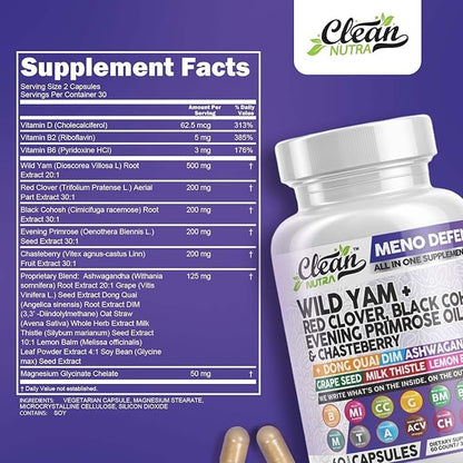 Clean Nutra Wild Yam Root Capsules with Red Clover Black Cohosh Evening Primrose Oil Chasteberry Dong Quai DIM Ashwagandha Grape Seed Extract Milk Thistle Lemon Balm and more Hormone Balance For Women