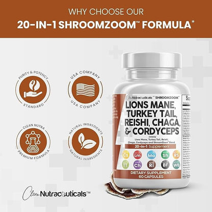 Clean Nutraceuticals Lions Mane 20in1 Mushroom Supplement with Turkey Tail Reishi Cordyceps Chaga Maitake Meshima Poria Cocos Shiitake Oyster Porcini Enoki - 3Pack