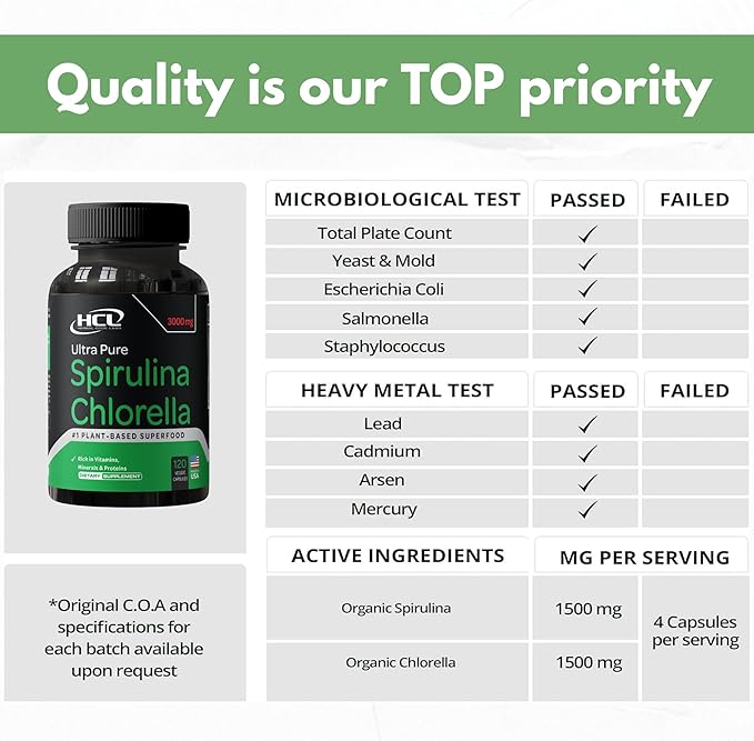 Chlorella Spirulina Powder Capsules Organic 3000 mg of BMAA Free Purest Blue Green Algae - Best Natural Detox Raw Vegan Vitamins Protein Green Superfood - Made in USA
