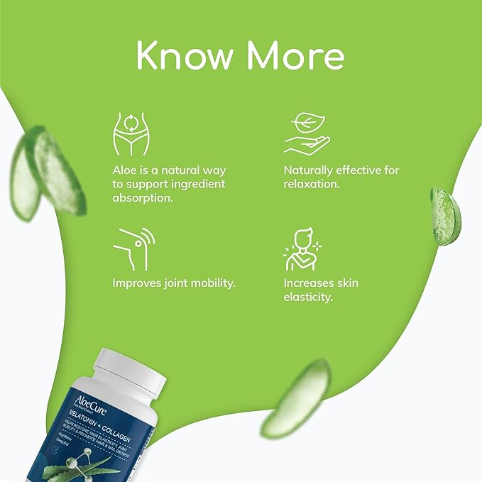 AloeCure Natural Melatonin + Collagen with Organic Aloe Vera - Natural Sleep Aid Supplement for Restful Nights - Collagen Complex for Joint Strength, Skin Elasticity, Hair & Nail Growth, 30 Capsules