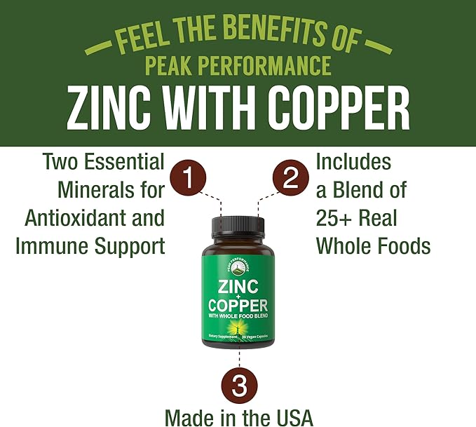 Zinc with Copper + Whole Food Blend of 25 Vegetables and Fruits for Max Absorption. Immune Support Supplement Capsules. Two Essential Minerals for Immunity. Zinc Vitamin Pills for Men and Women.