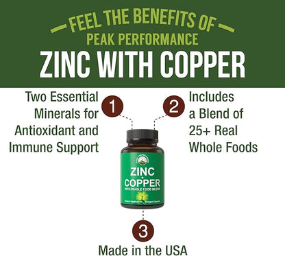 Zinc with Copper + Whole Food Blend of 25 Vegetables and Fruits for Max Absorption. Immune Support Supplement Capsules. Two Essential Minerals for Immunity. Zinc Vitamin Pills for Men and Women.