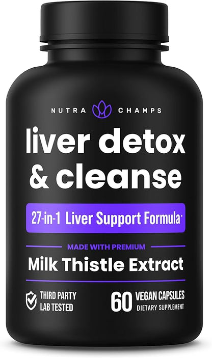 NutraChamps Liver Cleanse Detox & Repair Formula, 20+ Herbs: Milk Thistle Extract with Silymarin, Artichoke, Dandelion, Chicory Root Powder, Liver Support Pills Supplement, 60 Capsules