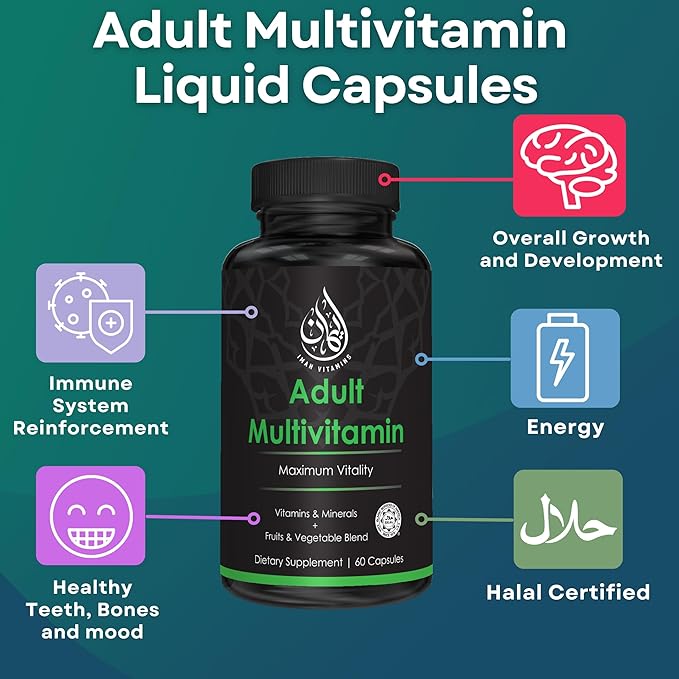 Halal Complete Multivitamin Capsules for Adults Men & Women | 42 Fruit & Vegetable Blend with Iron, Zinc, CoQ10, Folic Acid, and Vitamin A, B1, B3, B6, B12, C, D3, E | 60 Count