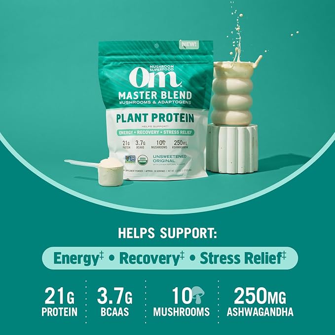 OM MUSHROOM SUPERFOOD Master Blend Mushroom Plant-Based Protein, 16 Servings Unsweetened Original, Unsweetened Plant-Based Protein with 10 Mushrooms & Adaptogens