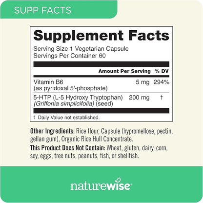 NatureWise 5-HTP 200mg Supplement from Griffonia Seeds with Cofactor Vitamin B6 - Mood Support and Natural Sleep Aid for Adults - Delayed-Release, Vegan - 60 Count[2-Month Supply]