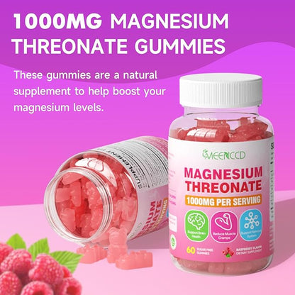 Magnesium Threonate Gummies 1000mg, Magnesium L-Threonate Supplement for Kids & Adults, Muscle & Nervous System Support, Non-GMO, Sugar-Free, Raspberry Flavor, 60 Count