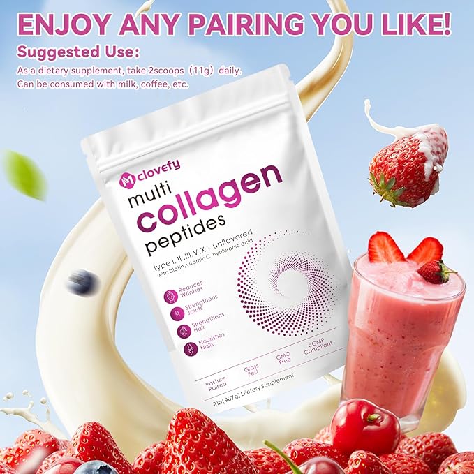 Multi Collagen Protein Powder, 2lbs-Unflavored, with Hyaluronic Acid & Vitamin C, Skin, Hair & Joint Support, 32 Oz