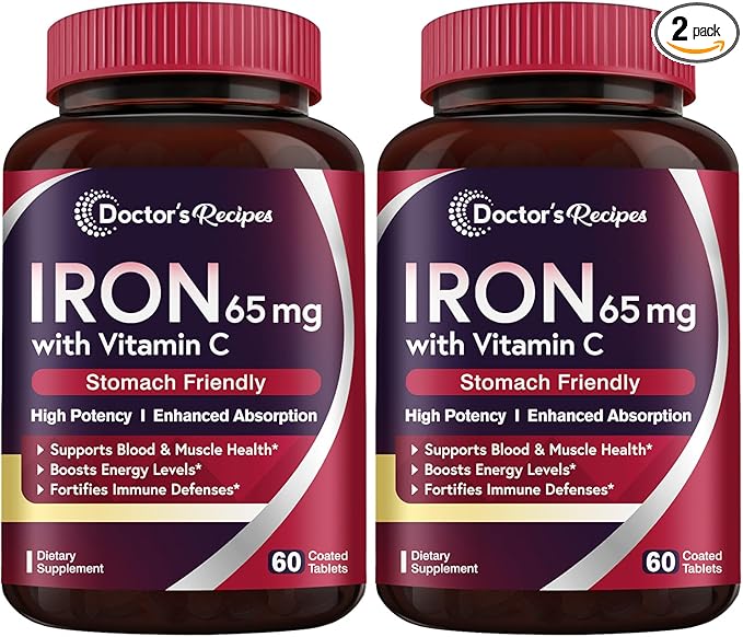 Doctor's Recipes Iron Supplement 65 mg with Vitamin C - Maximized Absorption & Stomach Friendly Iron Pills for Red Blood Cells Formation, Heart, Brain & Immunity Health - Vegan 120 Tabs (Pack of 2)